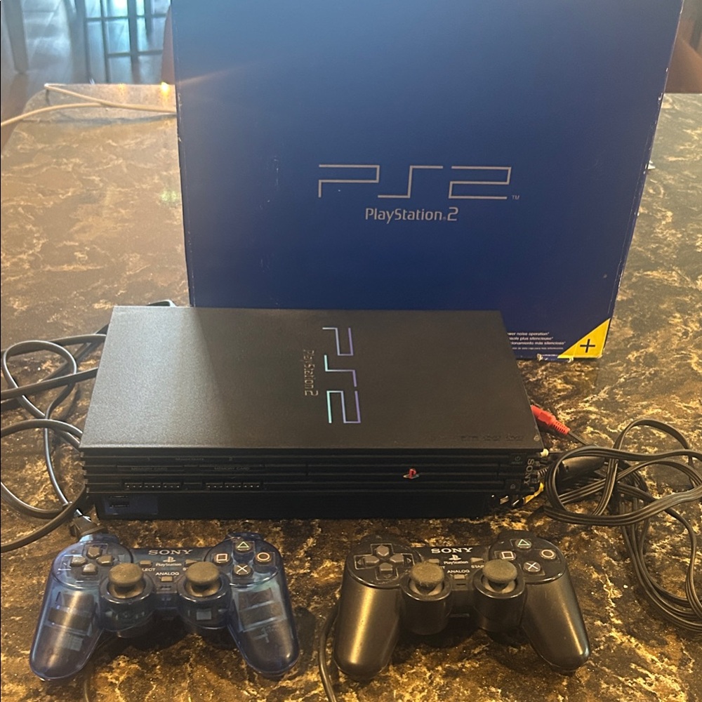 Sony PlayStation 2 Console with Two Controllers - Black & Translucent Blue